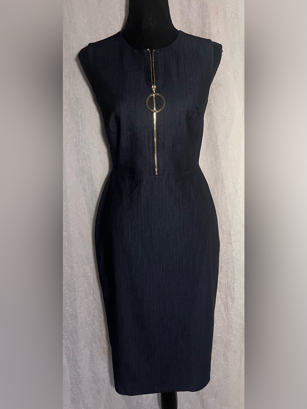 Calvin Klein blue denim dress with gold zipper